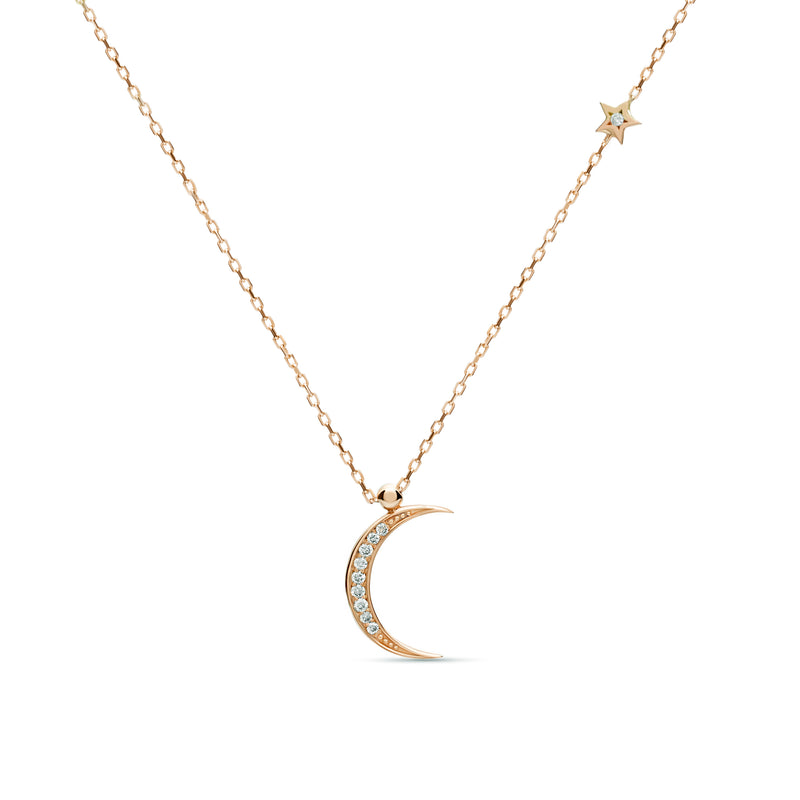 Diamond Crescent Moon and Star Necklace - 14 karat gold diamond necklace, diamonds 0.08ct