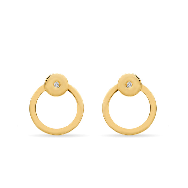 A two piece 14 karat gold diamond hoop earring with clear lines. These earrings are really fine, original and elegant. 