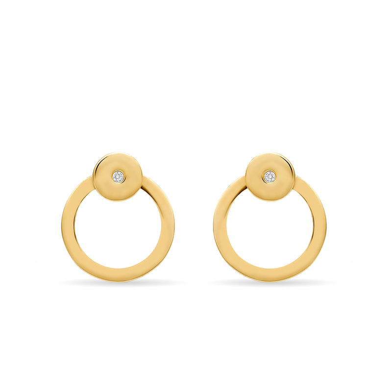 A two piece 14 karat gold diamond hoop earring with clear lines. These earrings are really fine, original and elegant. 