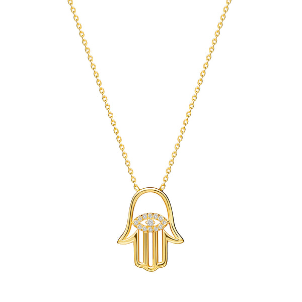 Make a powerful statement with the Diamond Hamsa Pendant. This 14 karat gold pendant is an eye-catcher as it brilliant cut diamonds shine brightly. The center of the pendant features an evil eye with handset diamond pave. 