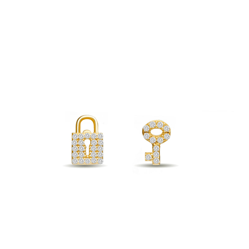 Our 14 karat gold diamond earring studs with a handset diamond pave are the ultimate love symbol. Lock and key diamond earrings.