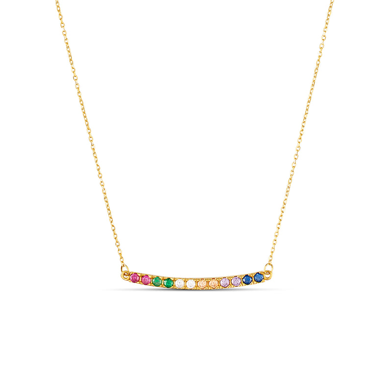 A fun and colorful necklace with a classic design. This necklace loves to be layered with other gold necklaces but is also a statement worn by itself. Team this necklace with the Rainbow Hoops.