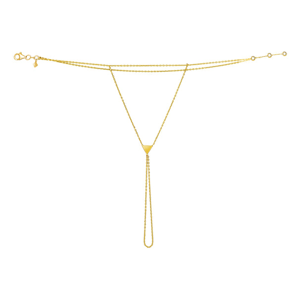 This handmade 14 karat gold bracelet is the ultimate gold accessory.   The fine and elegant 14k gold chain lays across the hand and delicately loops around the finger. You will be surprised how comfortable this bracelet is. Its minimalistic design features a triangle in the centre and is best worn solo. 