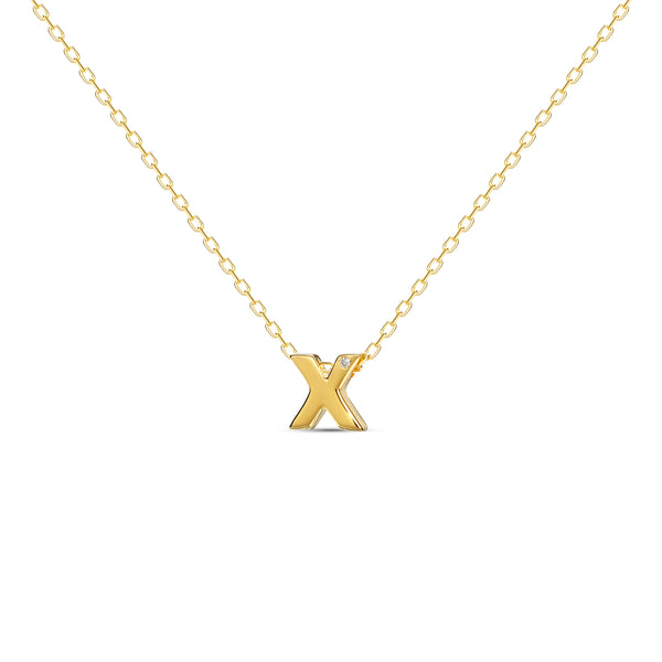 A 18 karat gold vermeil necklace with your initial letter "X". This diamond letter necklace is a special gold necklace that can be worn day and night. A genuine diamond stone in the corner of the letter makes this gold diamond necklace a luxury and ideal gift for yourself, your best friend or loved one. 